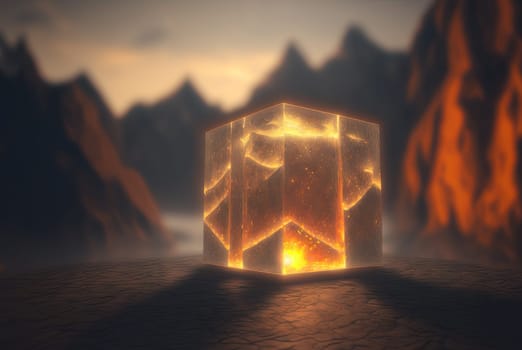 Mysterious glass cube on the natural landscape. Shiny mystic geometric object on abstract background. Generated AI