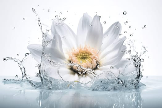 Flower in splashing water. Floral freshness concept with water drops for cosmetic, moisture and self-care packaging. Generated AI