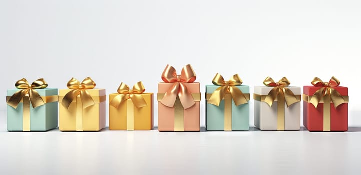 Set of gift boxes with ribbons, arranged for holidays or sale and discount event. Generated AI