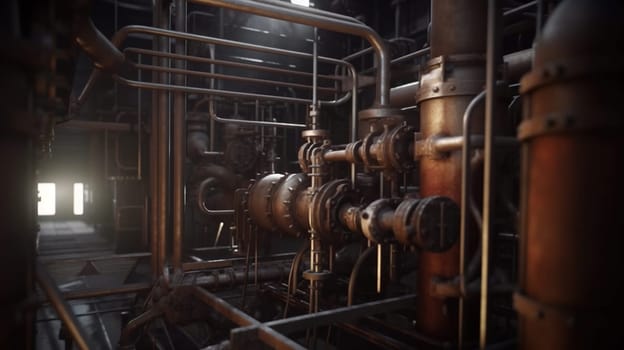 Industrial plant background with shiny pipes. Generated AI