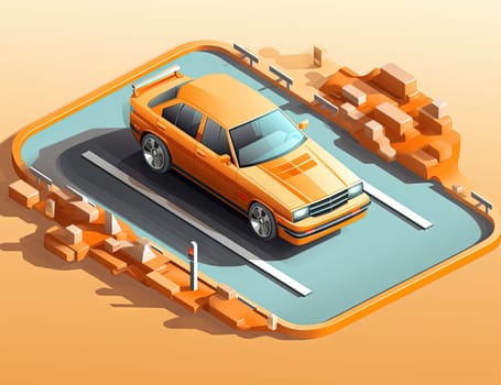 Isometric retro car travelling with elements of environment. Generated AI