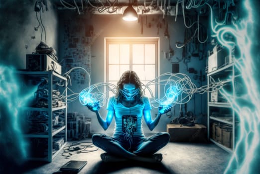 Digital era woman meditating in neon wires, with consciousness connected to the world via technological structure. Generated AI