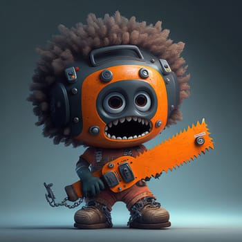 Funny and spooky figure of monster with a chainsaw. Crazy lumberjack mascot. Generative AI