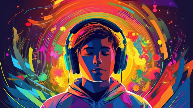 Boy or young man wearing headphones and listening to the exciting music. Juicy color splashes around. Generated AI