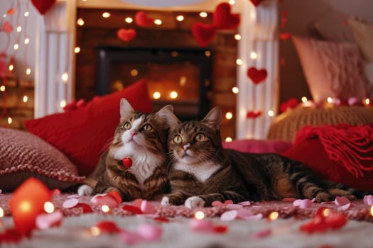 A couple of happy kittens cats together in a cozy room. Kittens loving each other. Adorable cat hugs for Valentine's Day. pragma