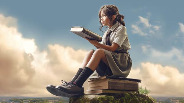 Schoolgirl reads the book in the sky, flying in her dreams and fantasies. Learning concept with little girl in the world of education. Generated AI