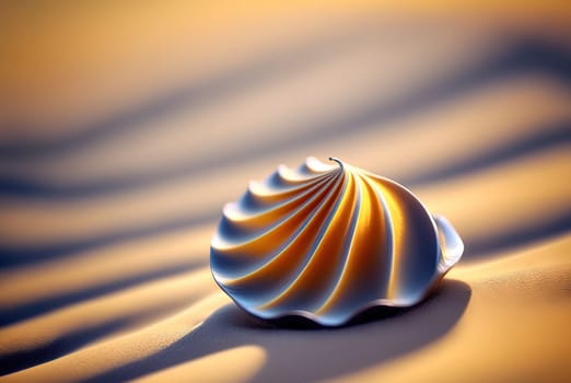 Surreal shell on the beach. Abstract clam with filigree shape on the sand. Generated AI