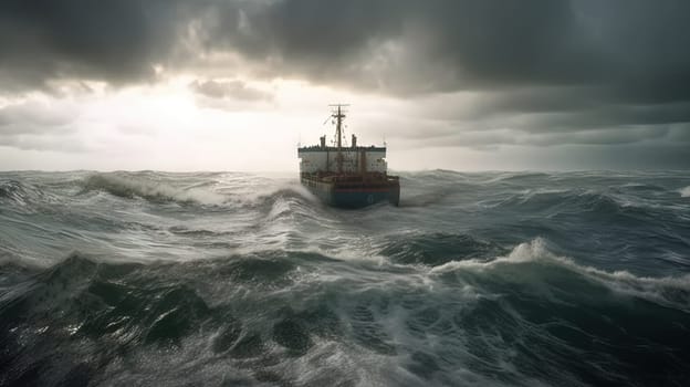 Ship in the stormy sea with huge waves. Giant stormy waves in the ocean and boat. Generated AI