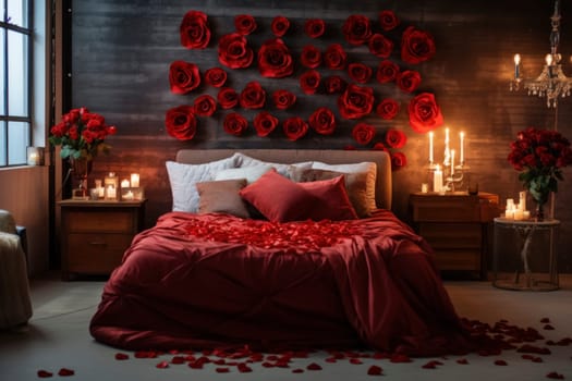 An intimate bedroom setting, exquisitely decorated with oversized rose wall art, a bed covered in red petals, and the soft glow of candlelight.