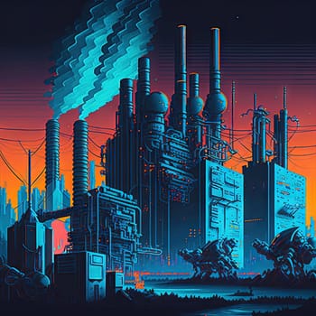 Retro game landscape in 80s style with industrial city district, neon lights and synthwave pixel graphics. Generated AI