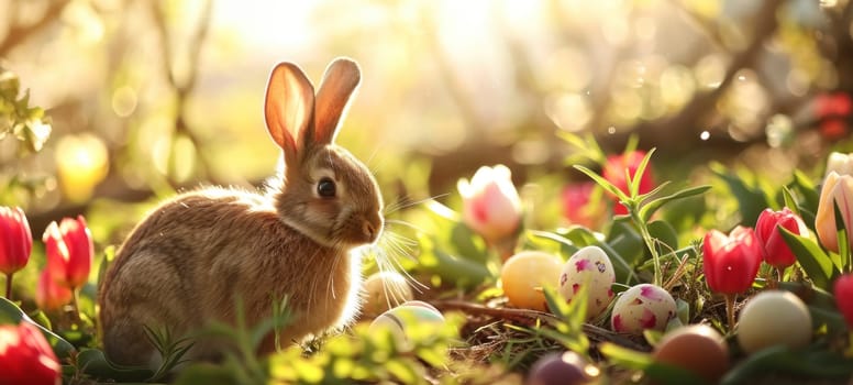 A delightful Easter bunny sits among a colorful field of tulips with scattered Easter eggs, highlighted by the radiant morning sun.