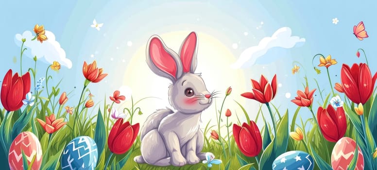 A whimsical illustration of an animated bunny surrounded by Easter eggs and tulips under a bright, sunny sky in a lively spring meadow.