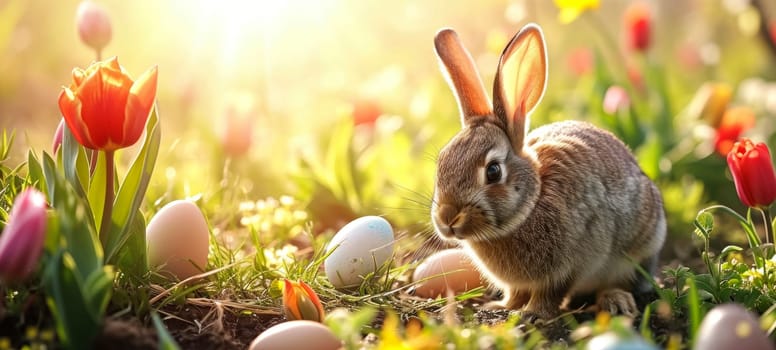 A charming bunny enjoys the beauty of a sun-drenched flower garden, surrounded by Easter eggs and blooming tulips.