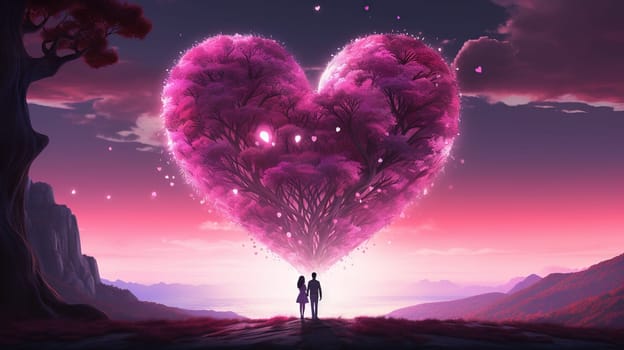 Valentine Day card with loving couple looking at the beautiful heart symbol on the romantic and magic surreal landscape. Generated AI