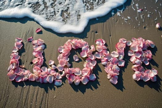 romantic beach of love rose petals on the coastline wide view pragma