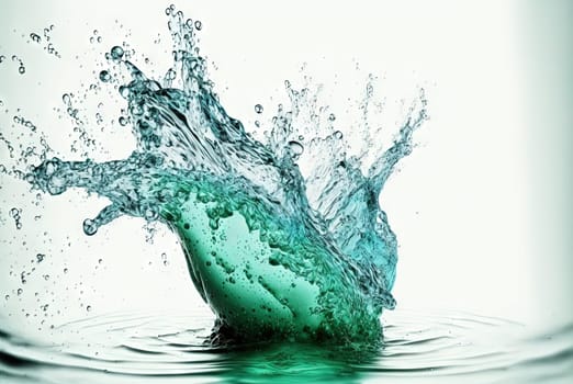 Water splash with beautiful drops flying away. Liquid motion background. Generated AI