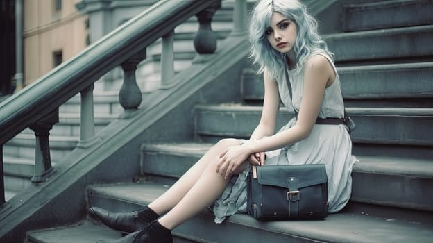 Beautiful woman sitting on the street with cute purse. Fashion model posing outdoor. Generated AI