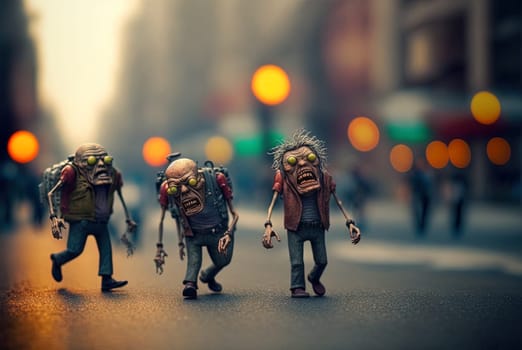 Funny zombie characters walking down the street. Monsters with shiny eyes, spooky and funny. Generated AI