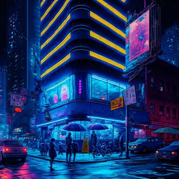 Cyberpunk styled cafe on the street corner with neon lights. Futuristic fast food restaurant with fake neon signs. Generative AI