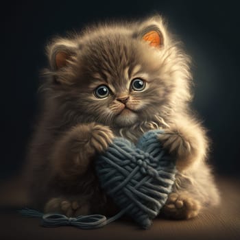 Cute fluffy kitten hugging red heart. Valentine's Day greetings from romantic cat holding heart. Generative AI