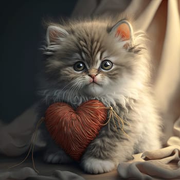 Cute fluffy kitten hugging red heart. Valentine's Day greetings from romantic cat holding heart. Generative AI