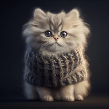 Cute kitten in sweater sitting. Small cat in gray sweater watching. Generative AI illustration