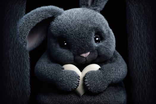 Cute fluffy black rabbit hugging red heart. Valentine's Day greetings from romantic bunny holding heart. Generative AI