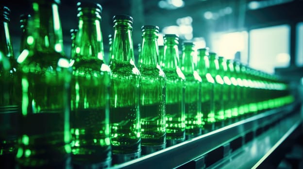 Green glass bottles without labels on the conveyor. Beer factory. Green glass beer drink alcohol bottles AI