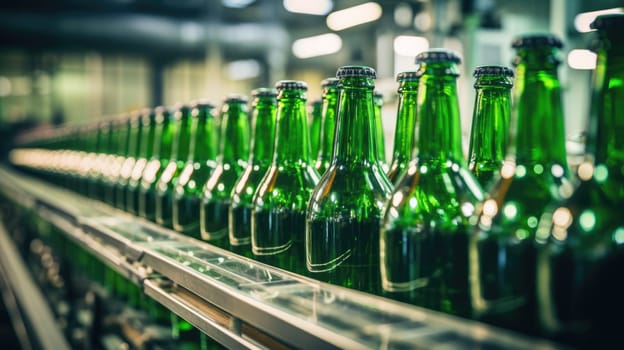 Green glass bottles without labels on the conveyor. Beer factory. Green glass beer drink alcohol bottles AI