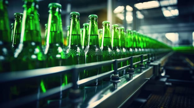 Green glass bottles without labels on the conveyor. Beer factory. Green glass beer drink alcohol bottles AI