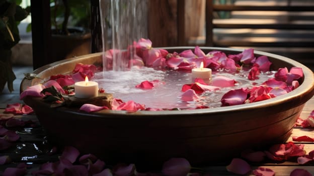 Romantic spa. Jacuzzi with rose petals and candles. Romantic mood AI