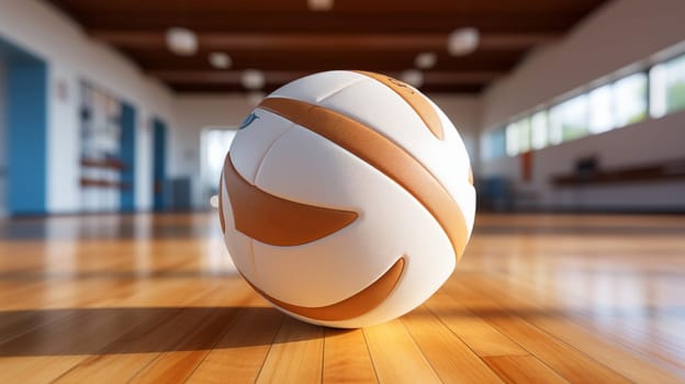 A volleyball ball lies on the court on a wooden court with blurred windows in the background.