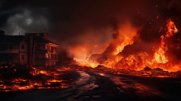 Natural disaster. Lava fire in city populated area after a volcanic eruption. AI