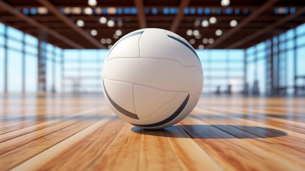 A white volleyball ball lies on the court on a wooden court with blurred windows in the background.