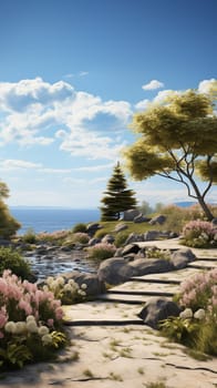 A tranquil stone path winds through a lush garden with flowering shrubs and trees by the seaside, under a clear blue sky with fluffy clouds