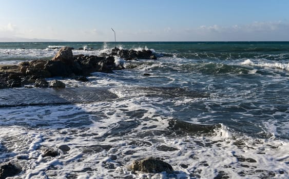 coast beach waves shore of the Mediterranean sea in winter in Cyprus 2