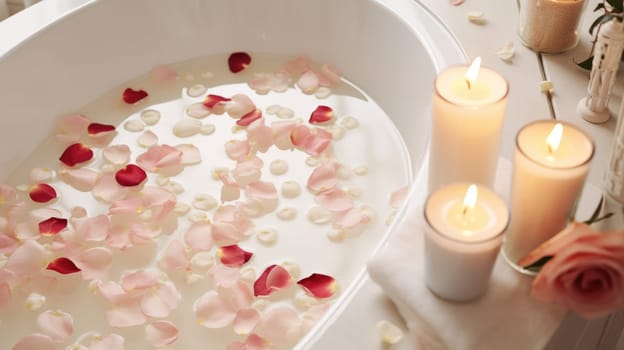 White bathroom with rose petals and candles. Romantic mood AI