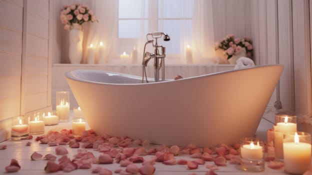 White bathroom with rose petals and candles. Romantic mood AI