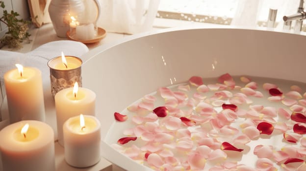 White bathroom with rose petals and candles. Romantic mood AI