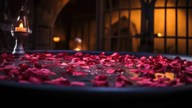 Romantic spa. Jacuzzi with rose petals and candles. Romantic mood AI
