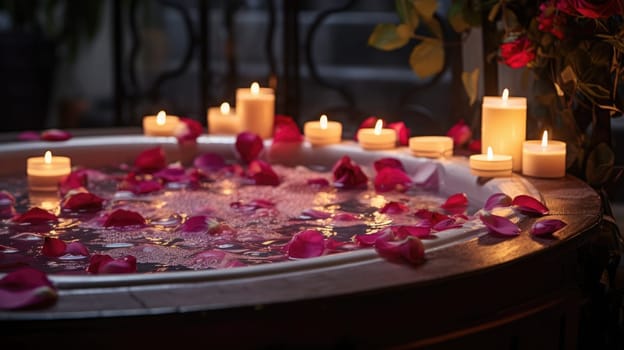 Romantic spa. Jacuzzi with rose petals and candles. Romantic mood AI