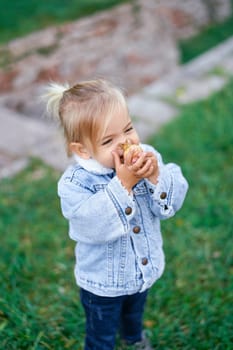 Little girl sniffing a yellow pomegranate in her hands while standing in the garden. High quality photo