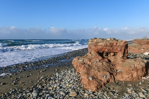 excitement during high tide on the Mediterranean sea in winter on the island of Cyprus