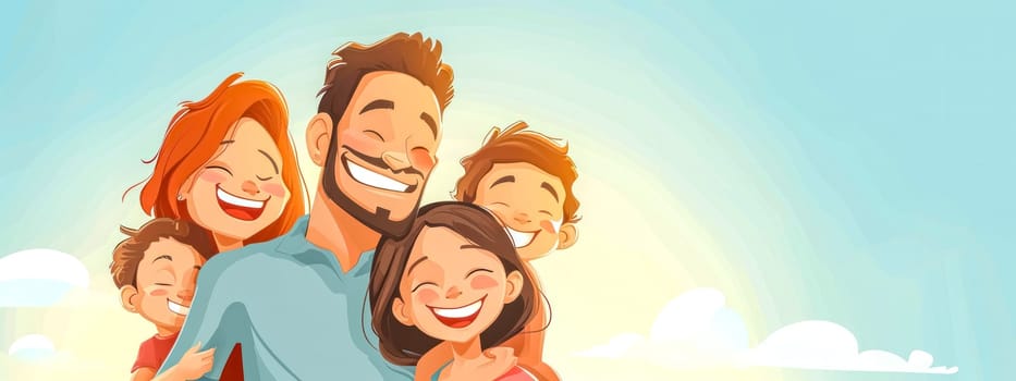 smiling happy cartoon family with a father, mother, daughter, and son smiling together against a light blue background, banner with copy space