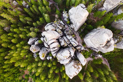 Top view of the rocks and spruce trees