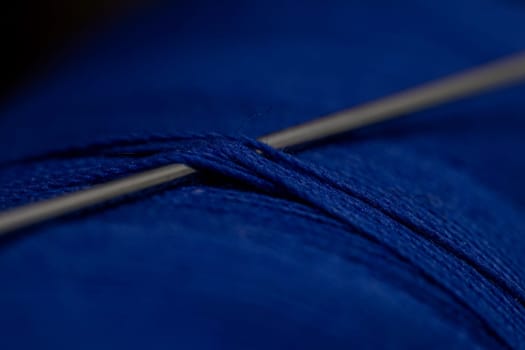 A detailed close-up shot of a needle in a blue thre