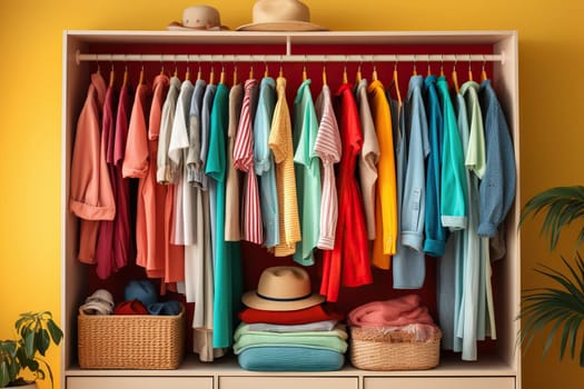 Women's wardrobe with bright clothes and hats.