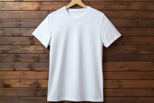 White men's T-shirt on a hanger on a wooden background.