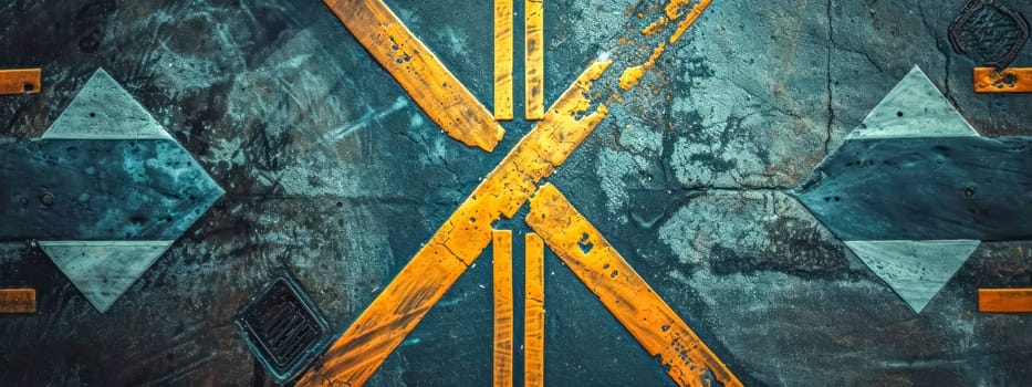 Aerial view of crosswalk with arrows pointing in opposite directions, banner