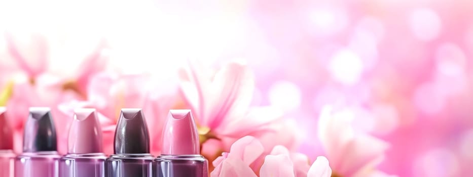 Group of lipsticks on a pink background, banner with copy space
